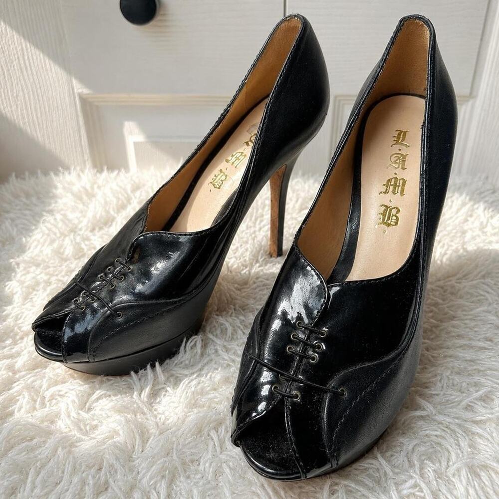 L.A.M.B. patent peep toe lace up heels designer y2k pumps